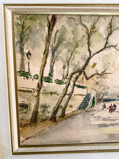 Vintage Georges Audureau (1896-1986) Parisian River Scene Framed Watercolor Painting