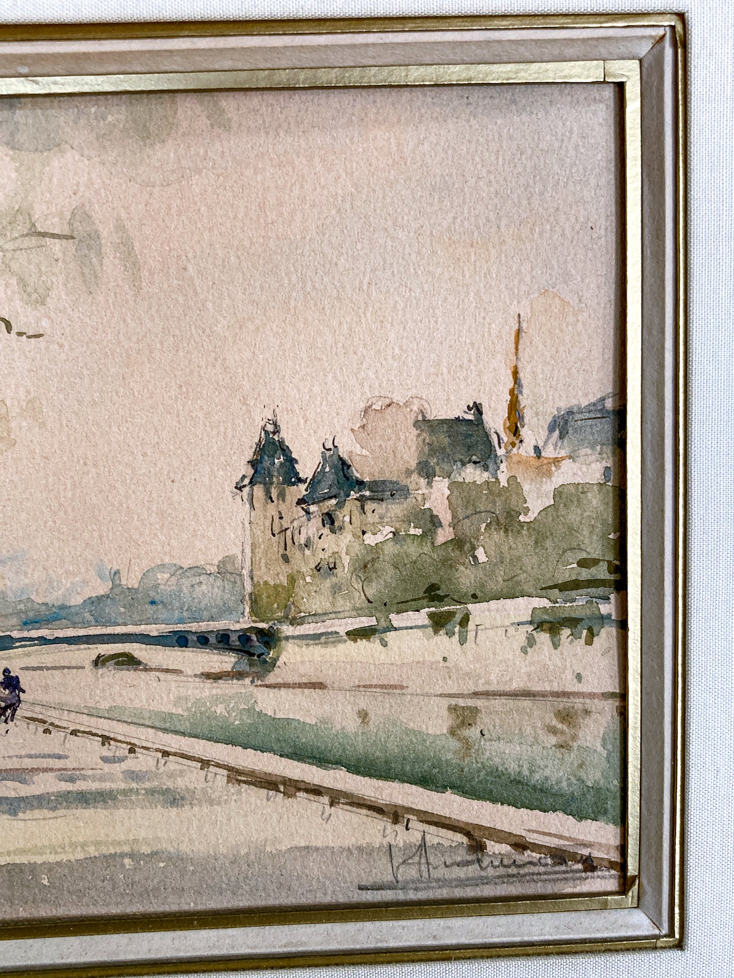 Vintage Georges Audureau (1896-1986) Parisian River Scene Framed Watercolor Painting