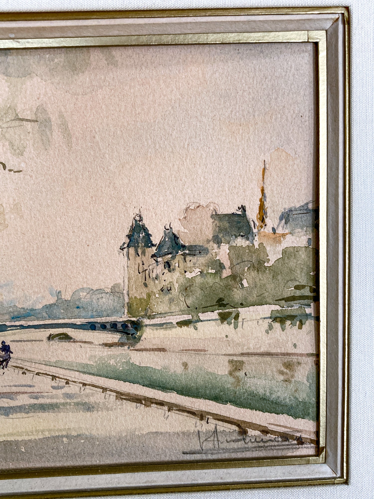 Vintage Georges Audureau (1896-1986) Parisian River Scene Framed Watercolor Painting