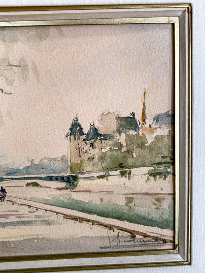Vintage Georges Audureau (1896-1986) Parisian River Scene Framed Watercolor Painting