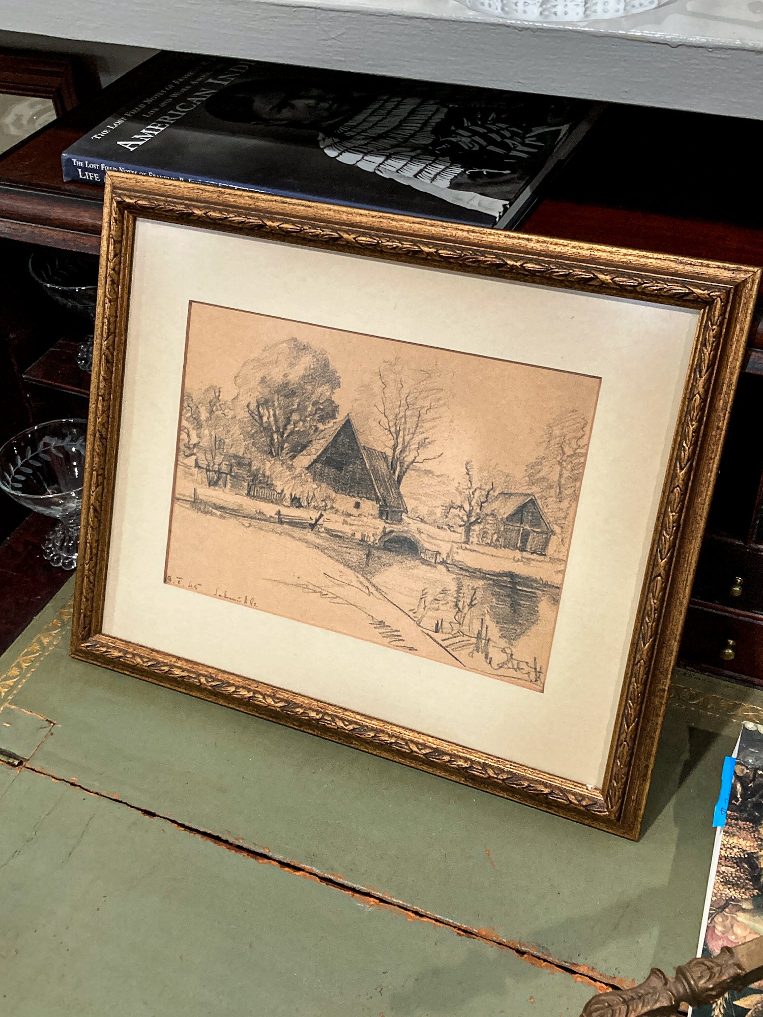 Vintage German River Bridge Farm Framed Landscape Graphite Drawing