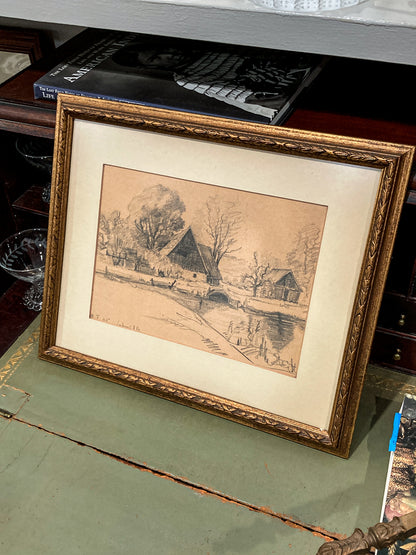 Vintage German River Bridge Farm Framed Landscape Graphite Drawing