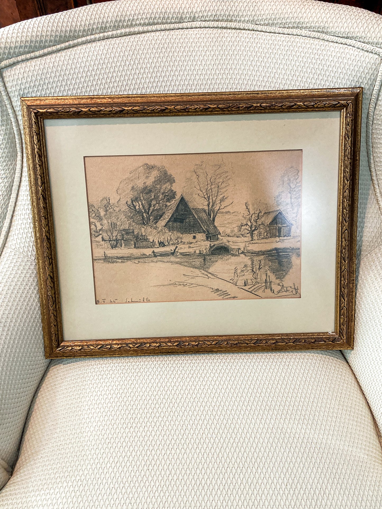 Vintage German River Bridge Farm Framed Landscape Graphite Drawing