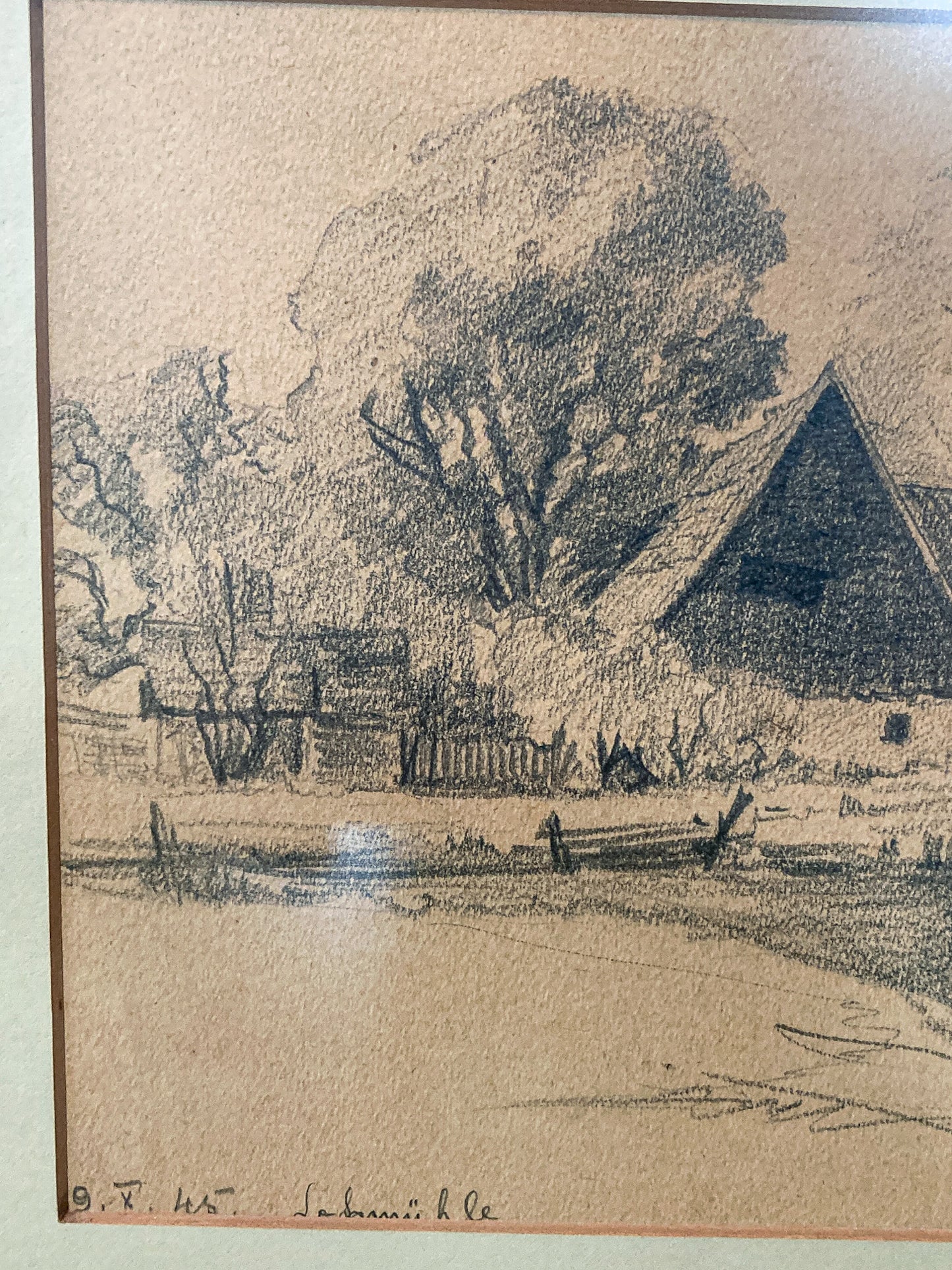 Vintage German River Bridge Farm Framed Landscape Graphite Drawing