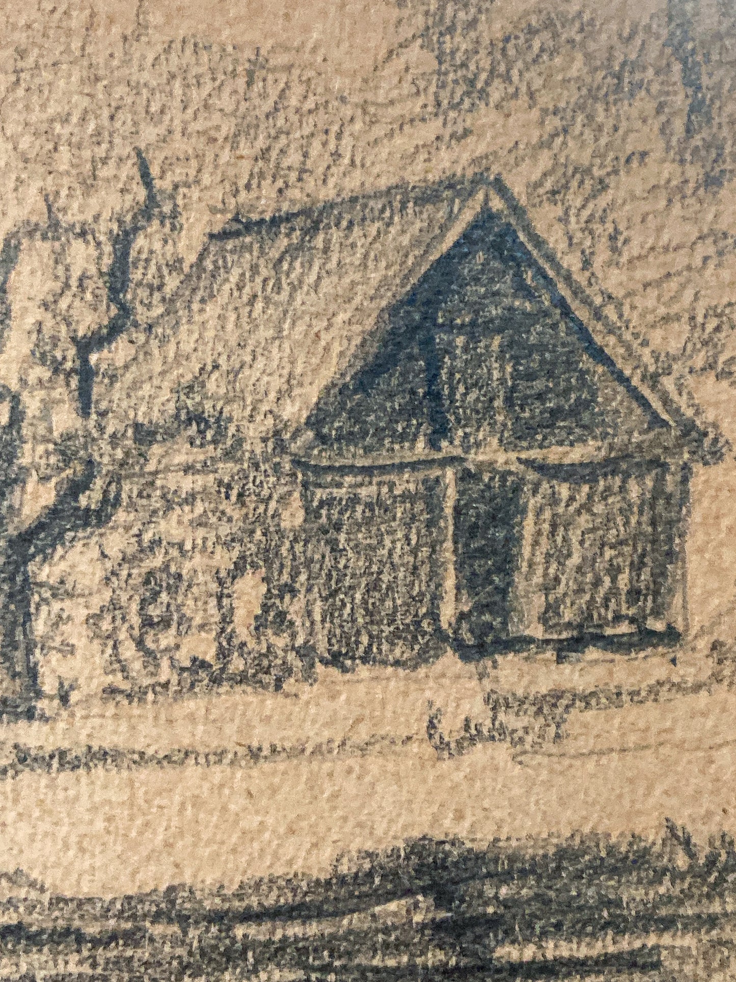 Vintage German River Bridge Farm Framed Landscape Graphite Drawing