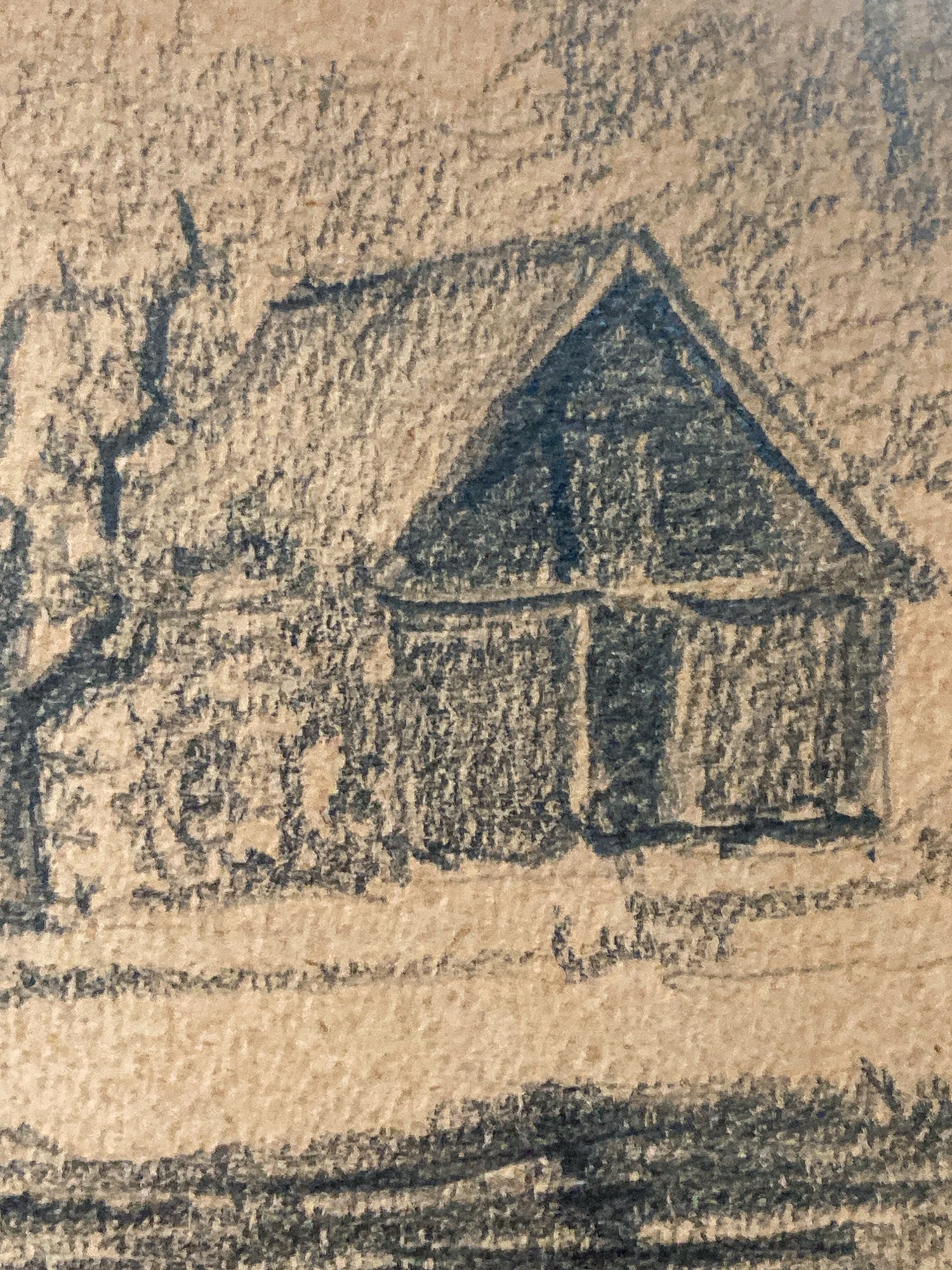 Vintage German River Bridge Farm Framed Landscape Graphite Drawing