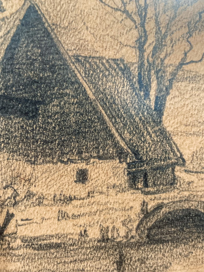 Vintage German River Bridge Farm Framed Landscape Graphite Drawing