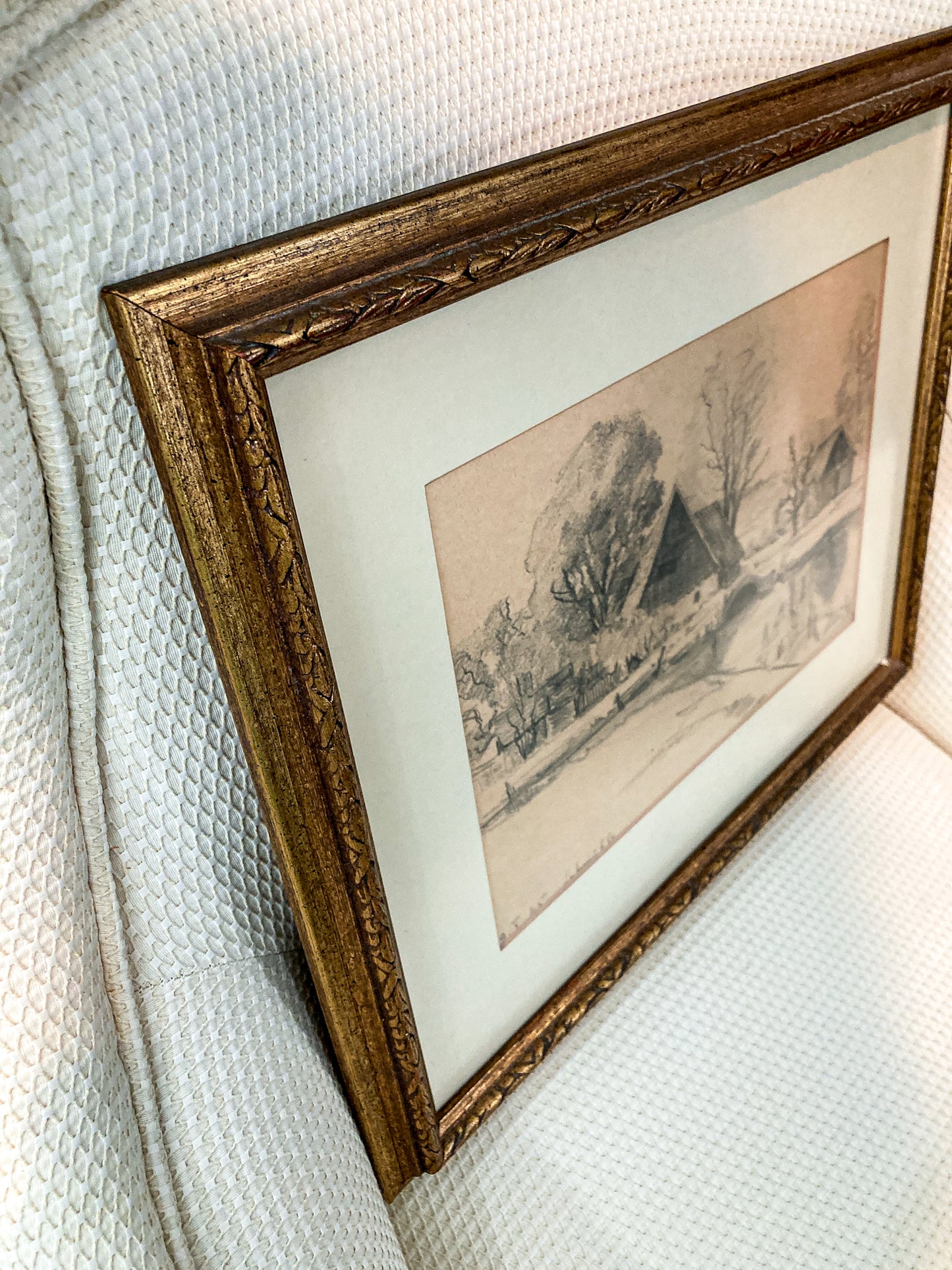 Vintage German River Bridge Farm Framed Landscape Graphite Drawing