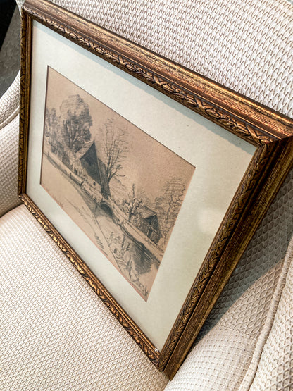 Vintage German River Bridge Farm Framed Landscape Graphite Drawing
