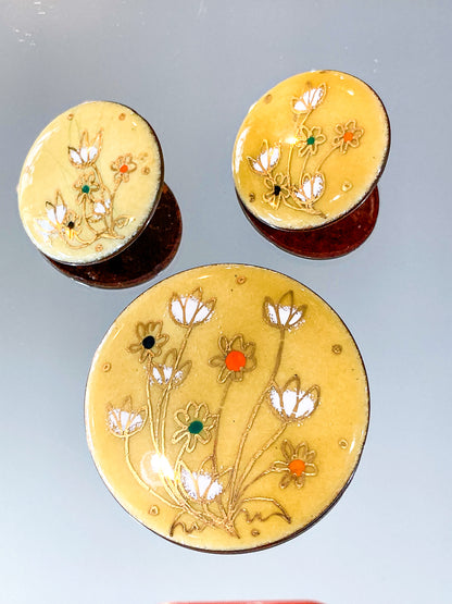 Vintage Gerte Hacker (1911-2000) Yellow Floral Enameled Copper Brooch Earring Set