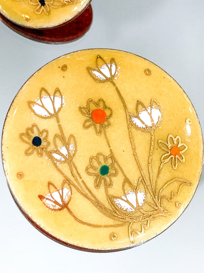 Vintage Gerte Hacker (1911-2000) Yellow Floral Enameled Copper Brooch Earring Set