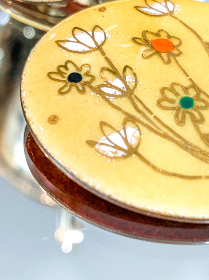 Vintage Gerte Hacker (1911-2000) Yellow Floral Enameled Copper Brooch Earring Set