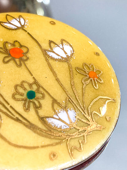 Vintage Gerte Hacker (1911-2000) Yellow Floral Enameled Copper Brooch Earring Set