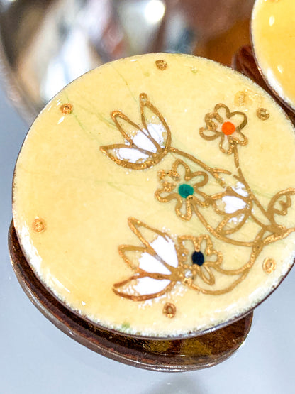 Vintage Gerte Hacker (1911-2000) Yellow Floral Enameled Copper Brooch Earring Set