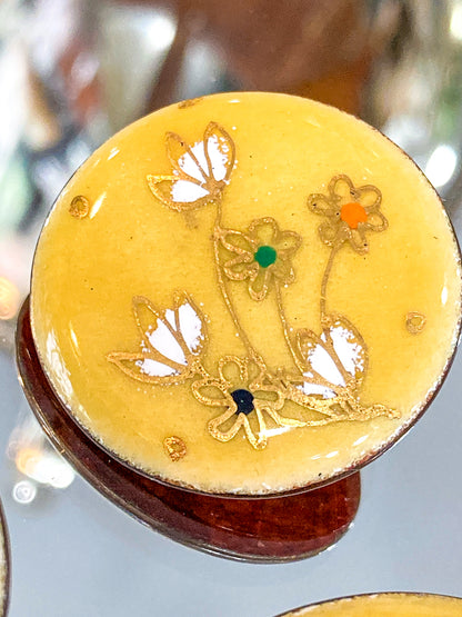 Vintage Gerte Hacker (1911-2000) Yellow Floral Enameled Copper Brooch Earring Set