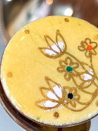 Vintage Gerte Hacker (1911-2000) Yellow Floral Enameled Copper Brooch Earring Set