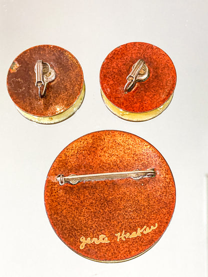 Vintage Gerte Hacker (1911-2000) Yellow Floral Enameled Copper Brooch Earring Set