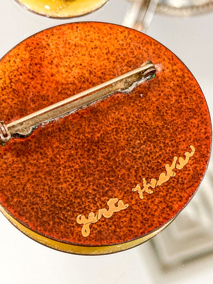 Vintage Gerte Hacker (1911-2000) Yellow Floral Enameled Copper Brooch Earring Set