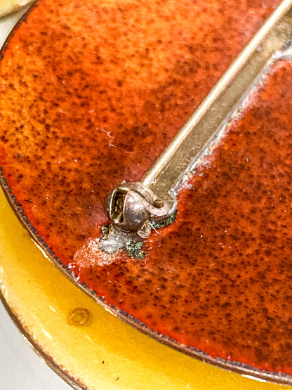 Vintage Gerte Hacker (1911-2000) Yellow Floral Enameled Copper Brooch Earring Set