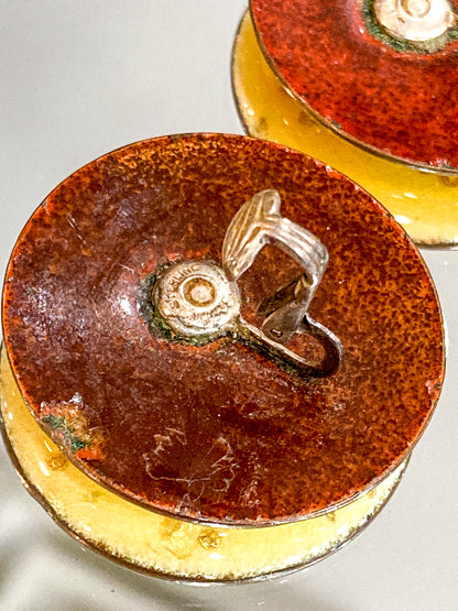 Vintage Gerte Hacker (1911-2000) Yellow Floral Enameled Copper Brooch Earring Set