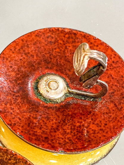 Vintage Gerte Hacker (1911-2000) Yellow Floral Enameled Copper Brooch Earring Set