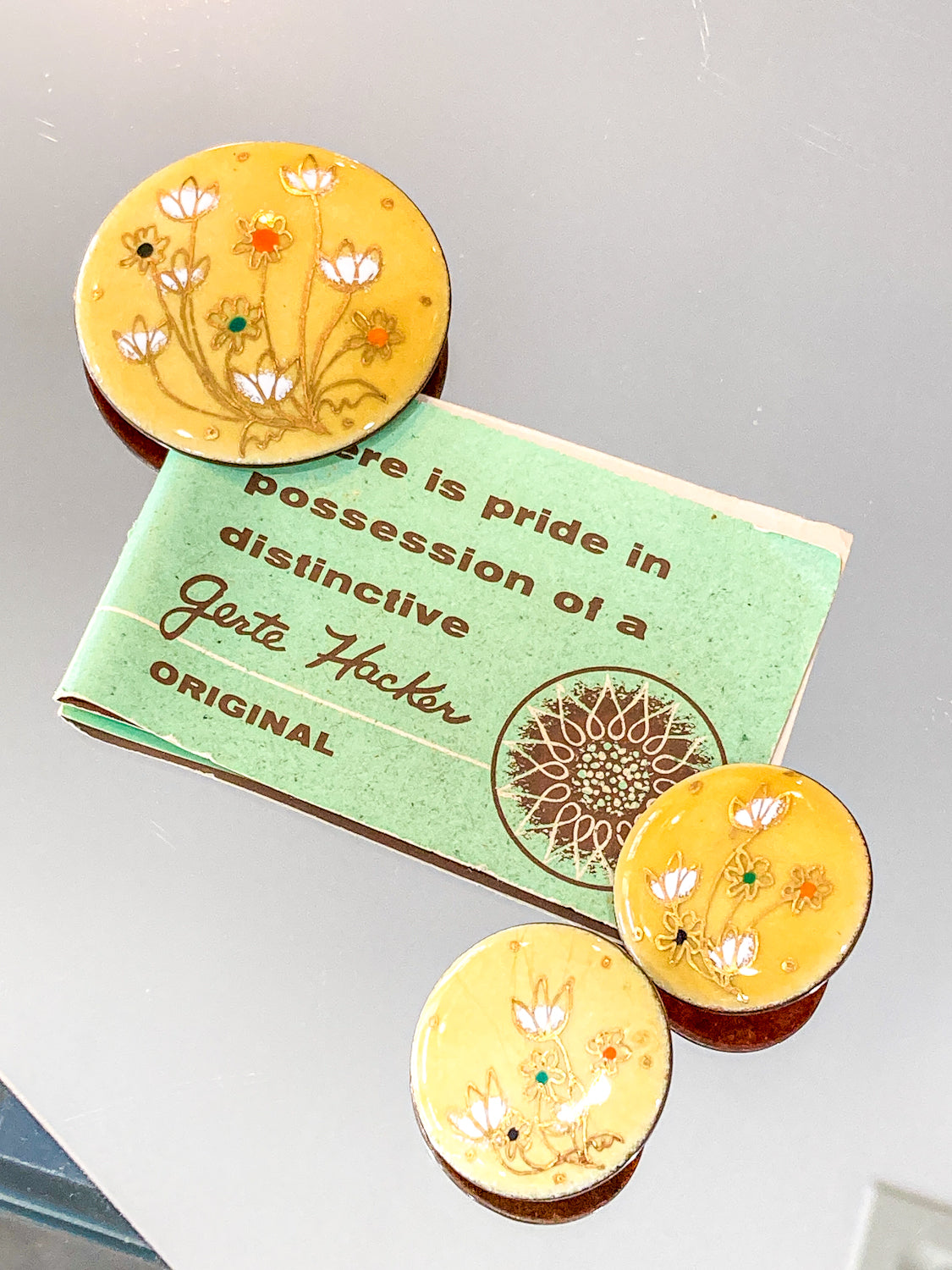 Vintage Gerte Hacker (1911-2000) Yellow Floral Enameled Copper Brooch Earring Set