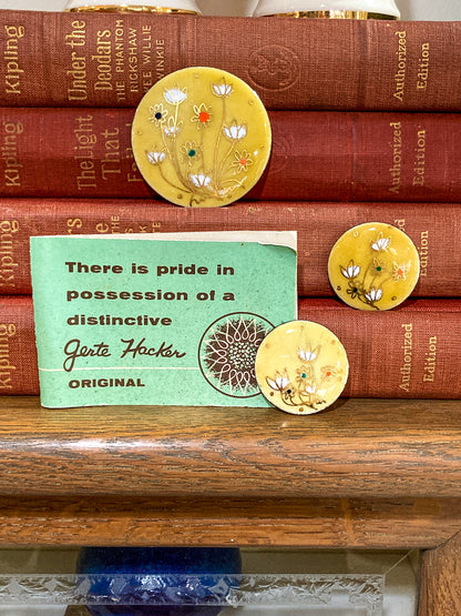 Vintage Gerte Hacker (1911-2000) Yellow Floral Enameled Copper Brooch Earring Set