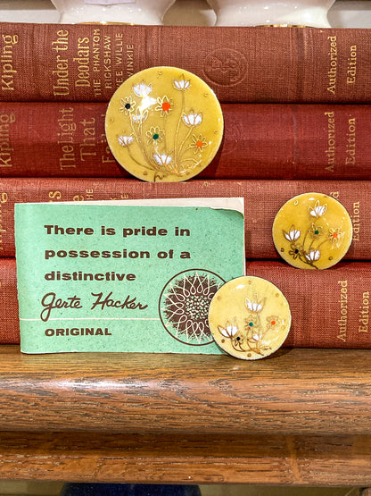 Vintage Gerte Hacker (1911-2000) Yellow Floral Enameled Copper Brooch Earring Set