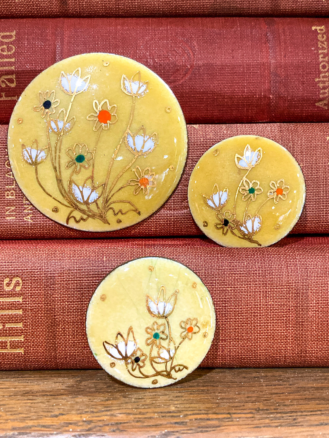 Vintage Gerte Hacker (1911-2000) Yellow Floral Enameled Copper Brooch Earring Set