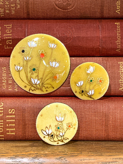 Vintage Gerte Hacker (1911-2000) Yellow Floral Enameled Copper Brooch Earring Set