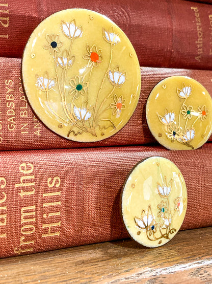 Vintage Gerte Hacker (1911-2000) Yellow Floral Enameled Copper Brooch Earring Set
