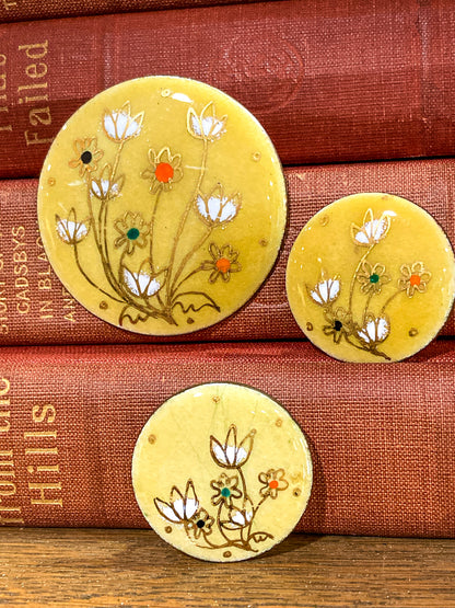 Vintage Gerte Hacker (1911-2000) Yellow Floral Enameled Copper Brooch Earring Set