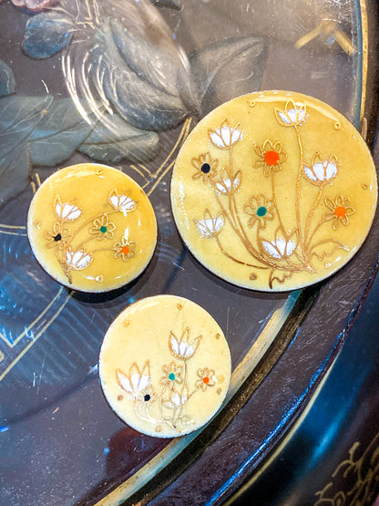 Vintage Gerte Hacker (1911-2000) Yellow Floral Enameled Copper Brooch Earring Set