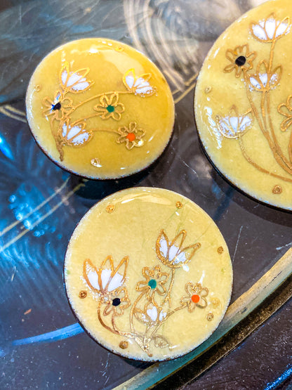 Vintage Gerte Hacker (1911-2000) Yellow Floral Enameled Copper Brooch Earring Set