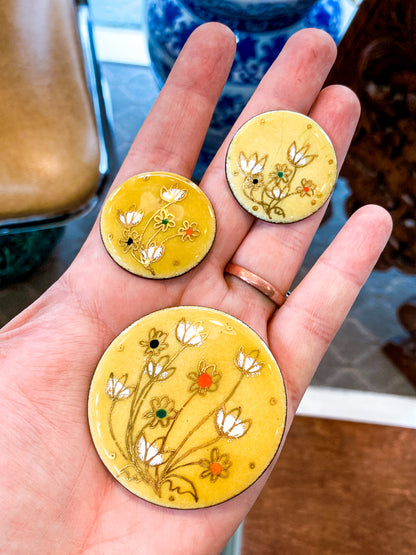 Vintage Gerte Hacker (1911-2000) Yellow Floral Enameled Copper Brooch Earring Set