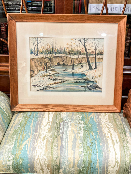 Vintage Gilpin Snowy Winter River Framed Landscape Watercolor Painting