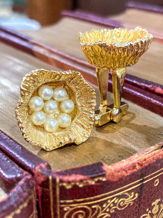 Vintage Gold Pearl Lotus Seed Bird Nest Egg Cufflink Pair Accessory
