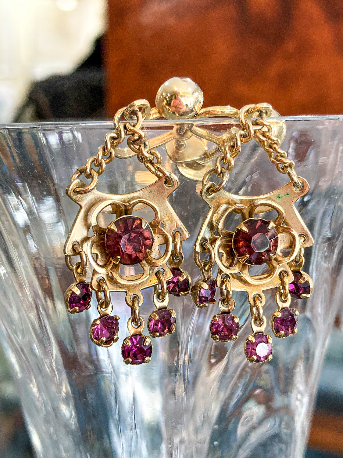Vintage Gold Tone Amethyst Rhinestone Screw Back Dangle Earrings