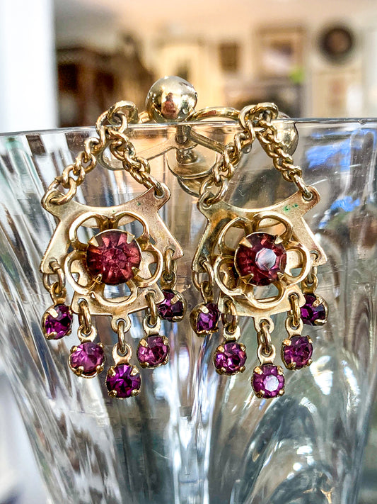 Vintage Gold Tone Amethyst Rhinestone Screw Back Dangle Earrings