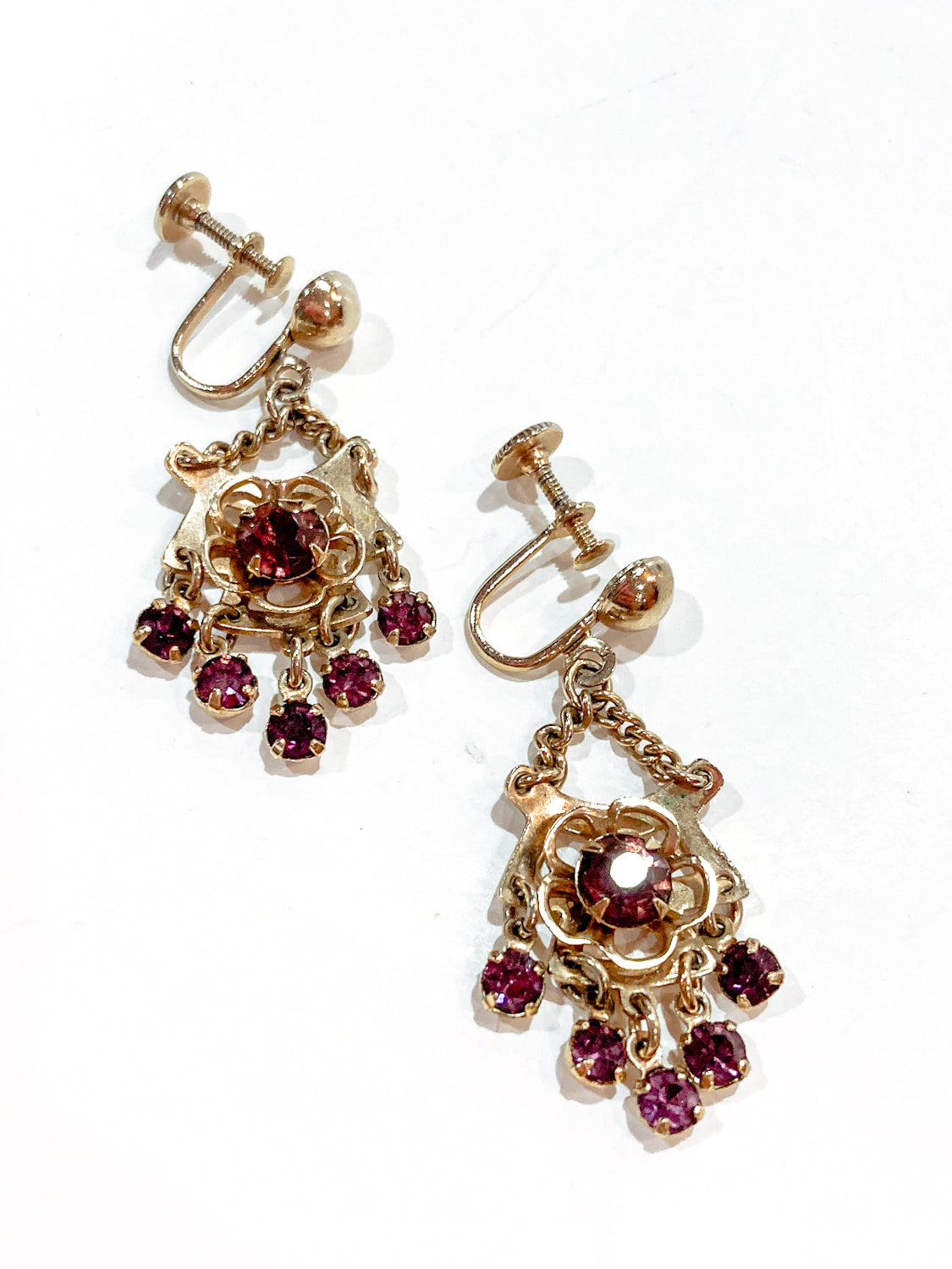 Vintage Gold Tone Amethyst Rhinestone Screw Back Dangle Earrings