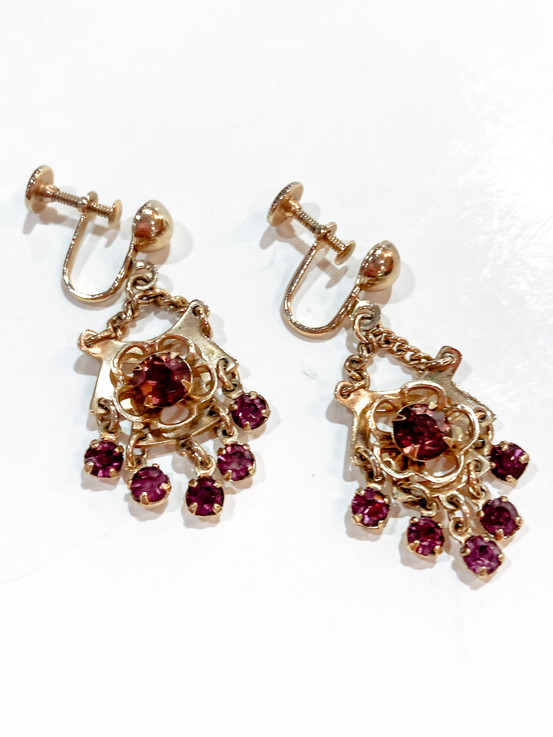 Vintage Gold Tone Amethyst Rhinestone Screw Back Dangle Earrings