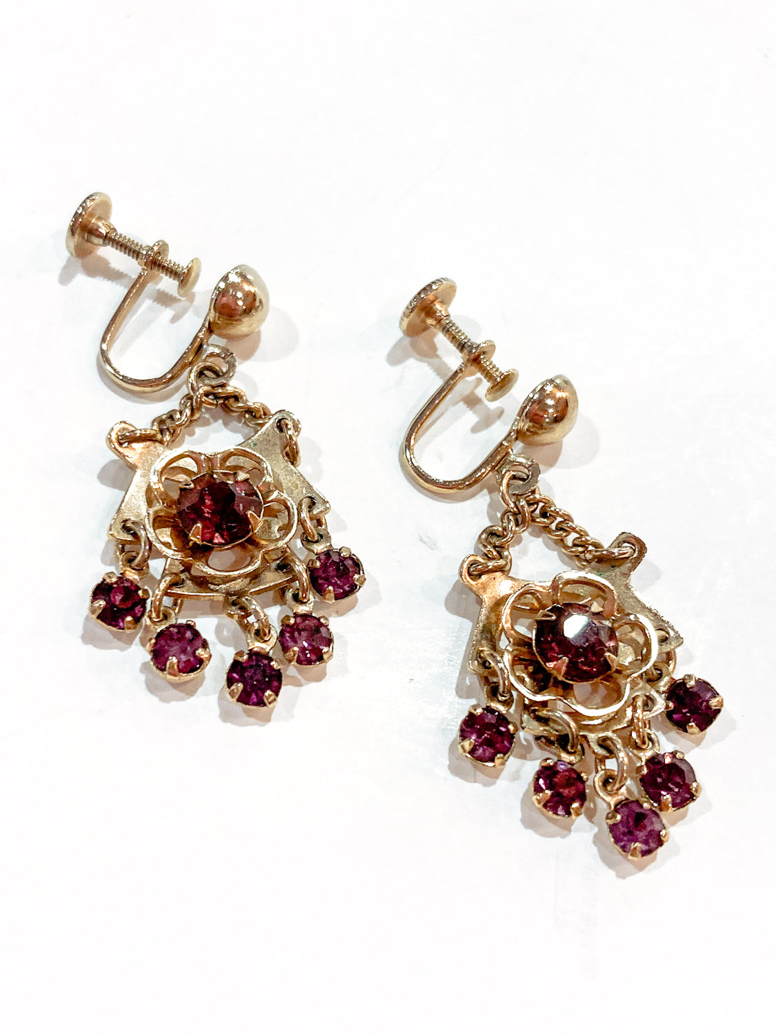 Vintage Gold Tone Amethyst Rhinestone Screw Back Dangle Earrings