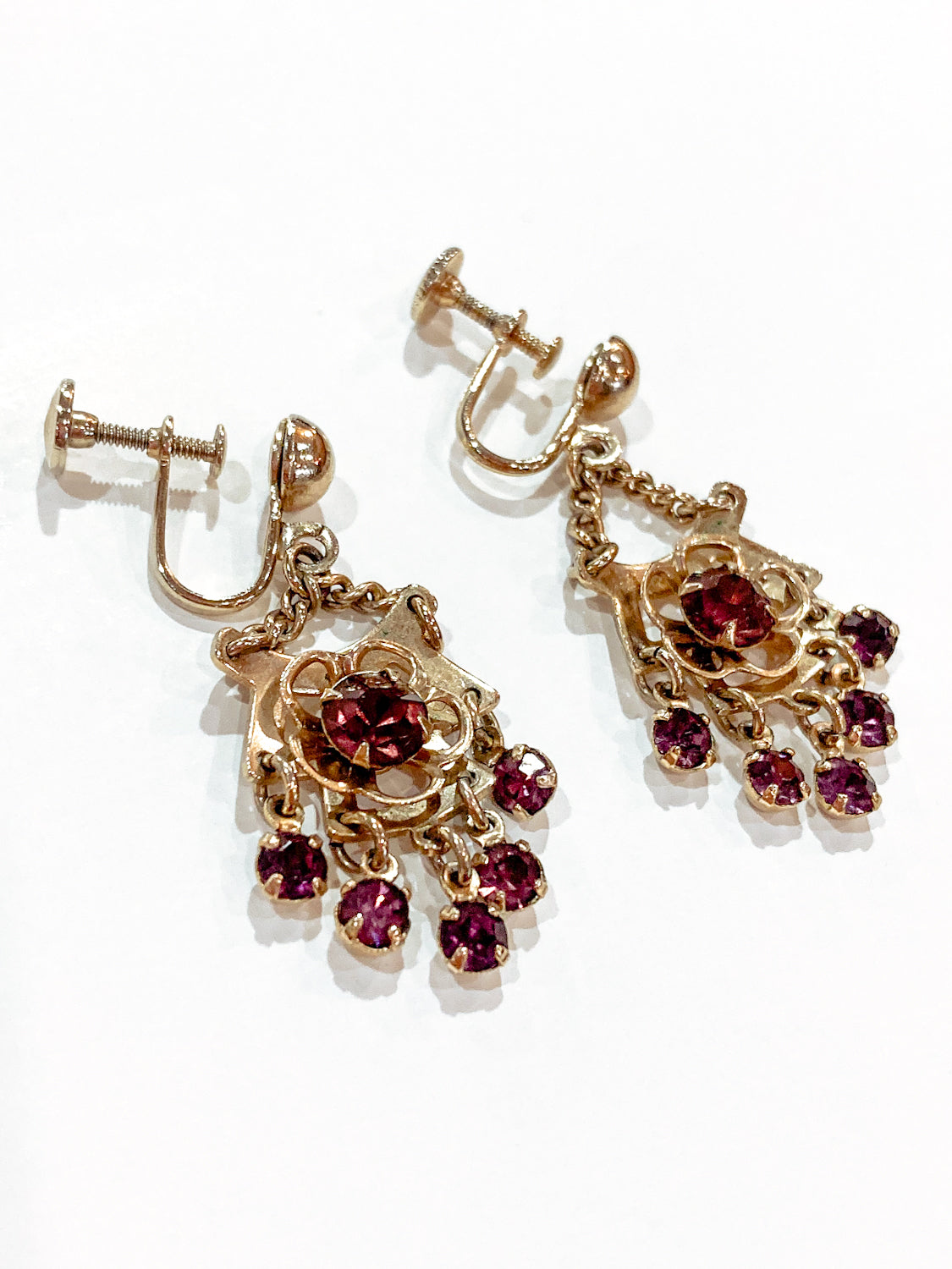 Vintage Gold Tone Amethyst Rhinestone Screw Back Dangle Earrings