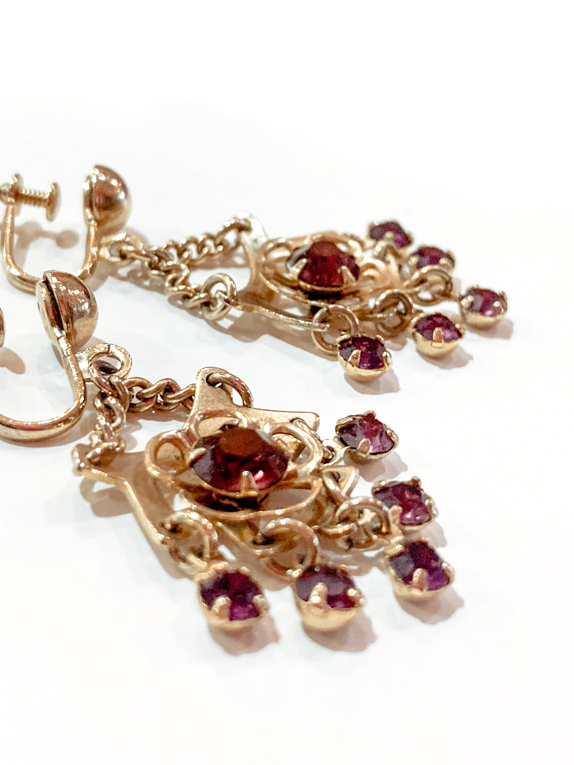 Vintage Gold Tone Amethyst Rhinestone Screw Back Dangle Earrings