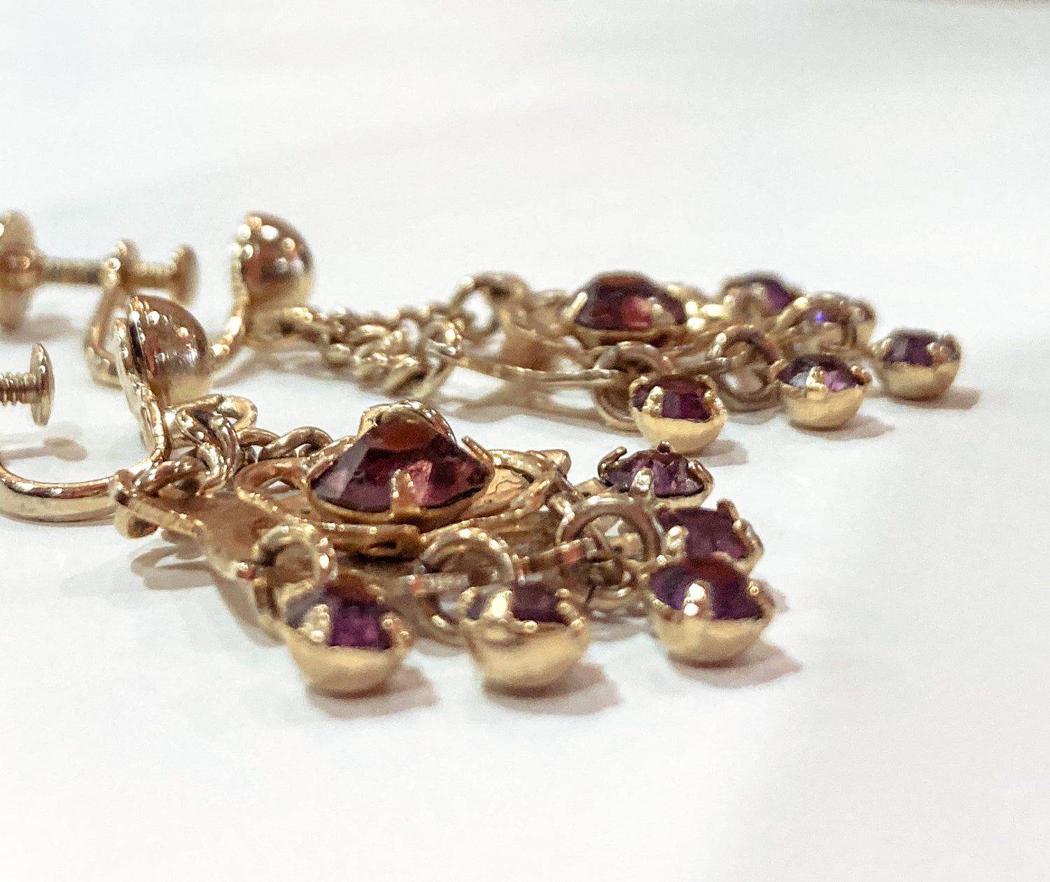 Vintage Gold Tone Amethyst Rhinestone Screw Back Dangle Earrings