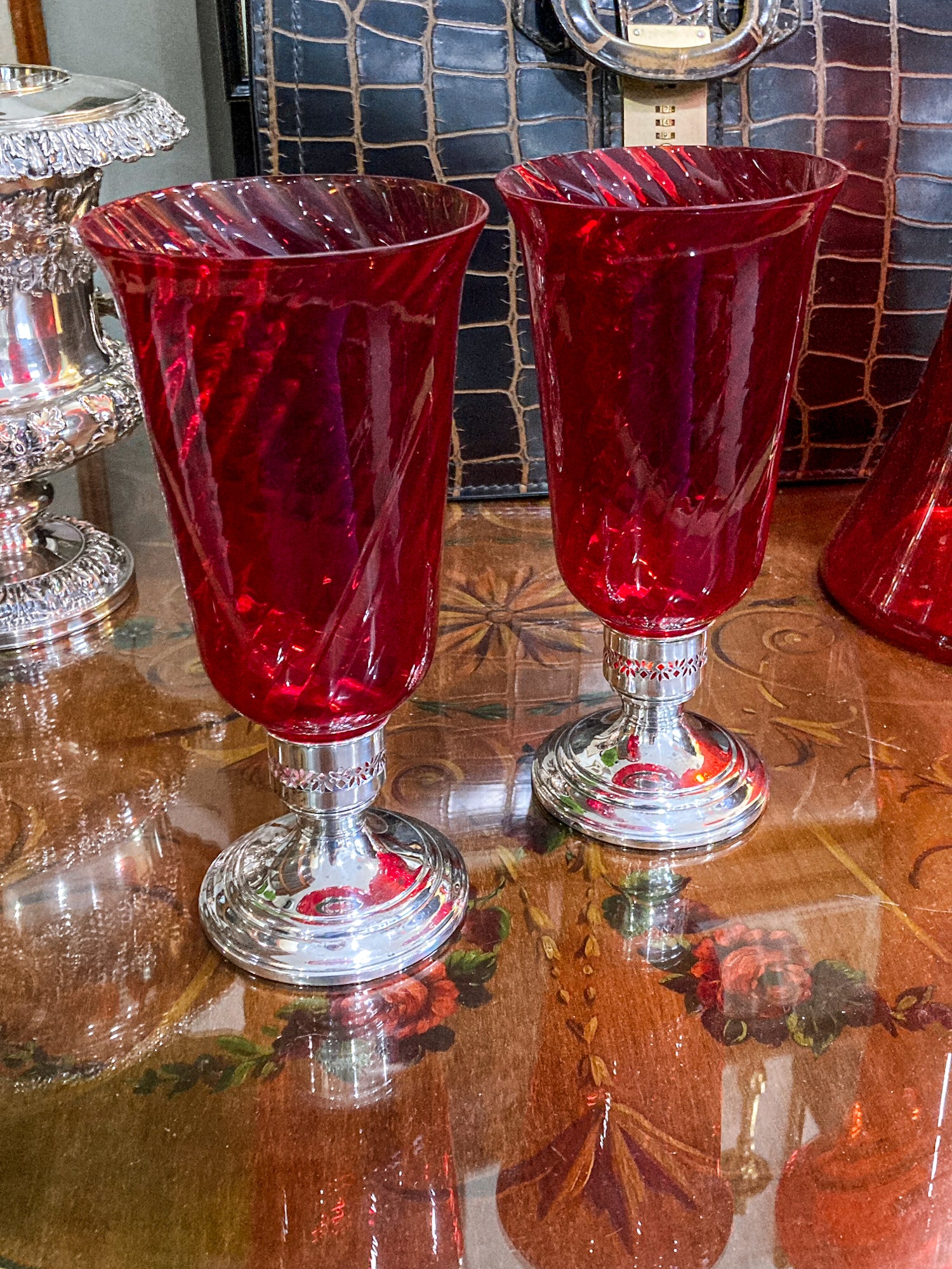 Pair Vintage Gorham Sterling Silver Red Swirl Glass Hurricane Shade Candlesticks