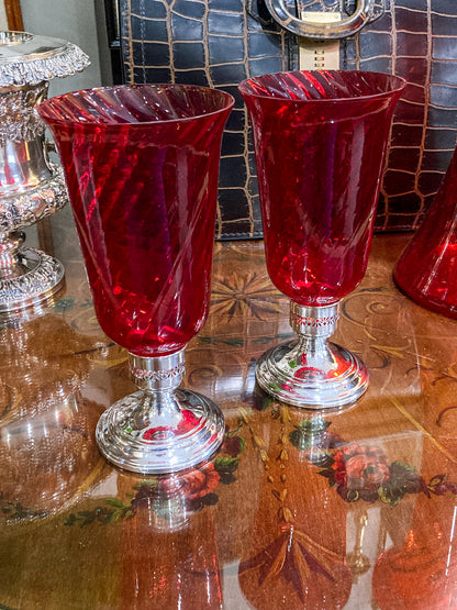 Pair Vintage Gorham Sterling Silver Red Swirl Glass Hurricane Shade Candlesticks