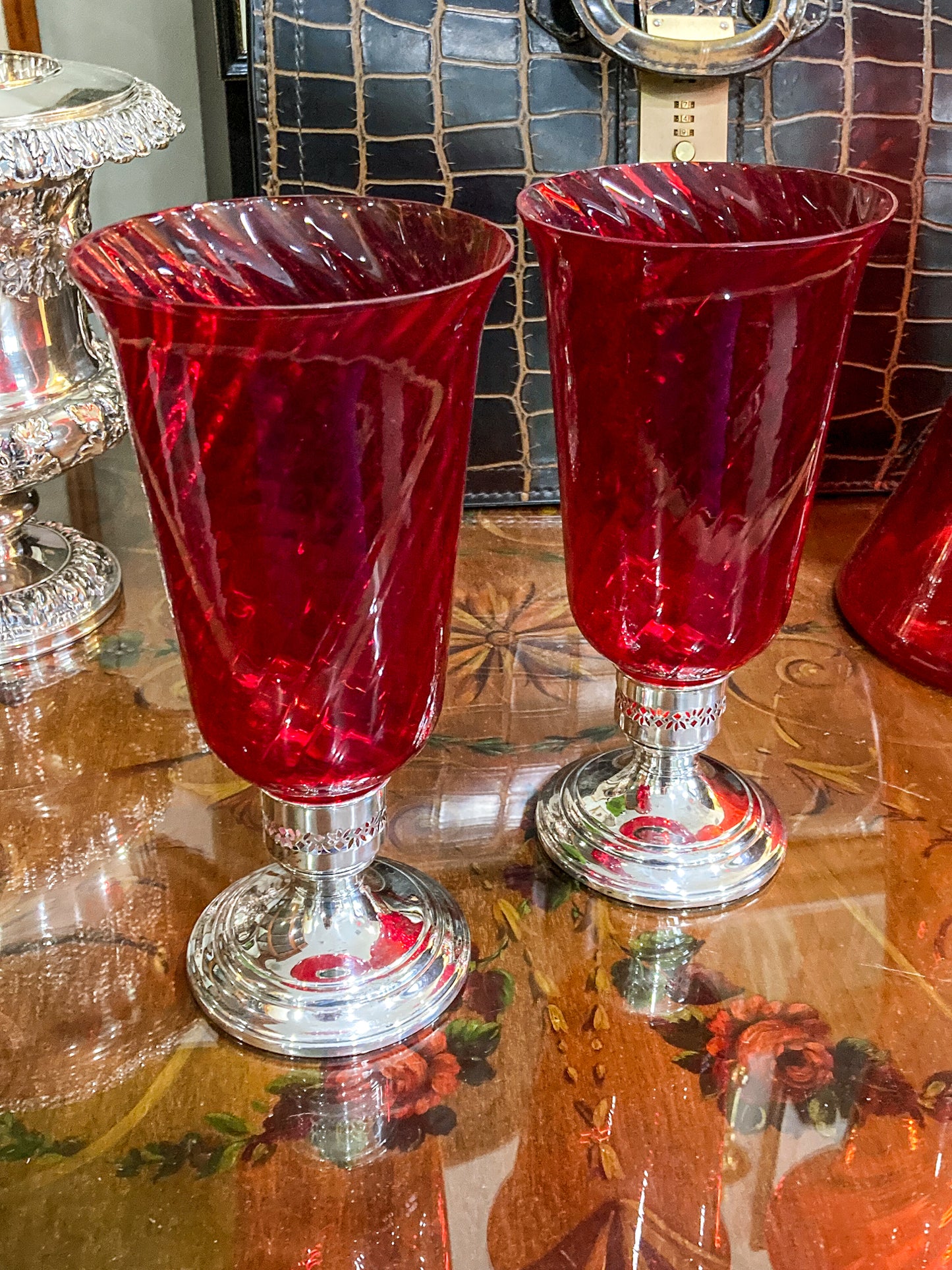 Pair Vintage Gorham Sterling Silver Red Swirl Glass Hurricane Shade Candlesticks