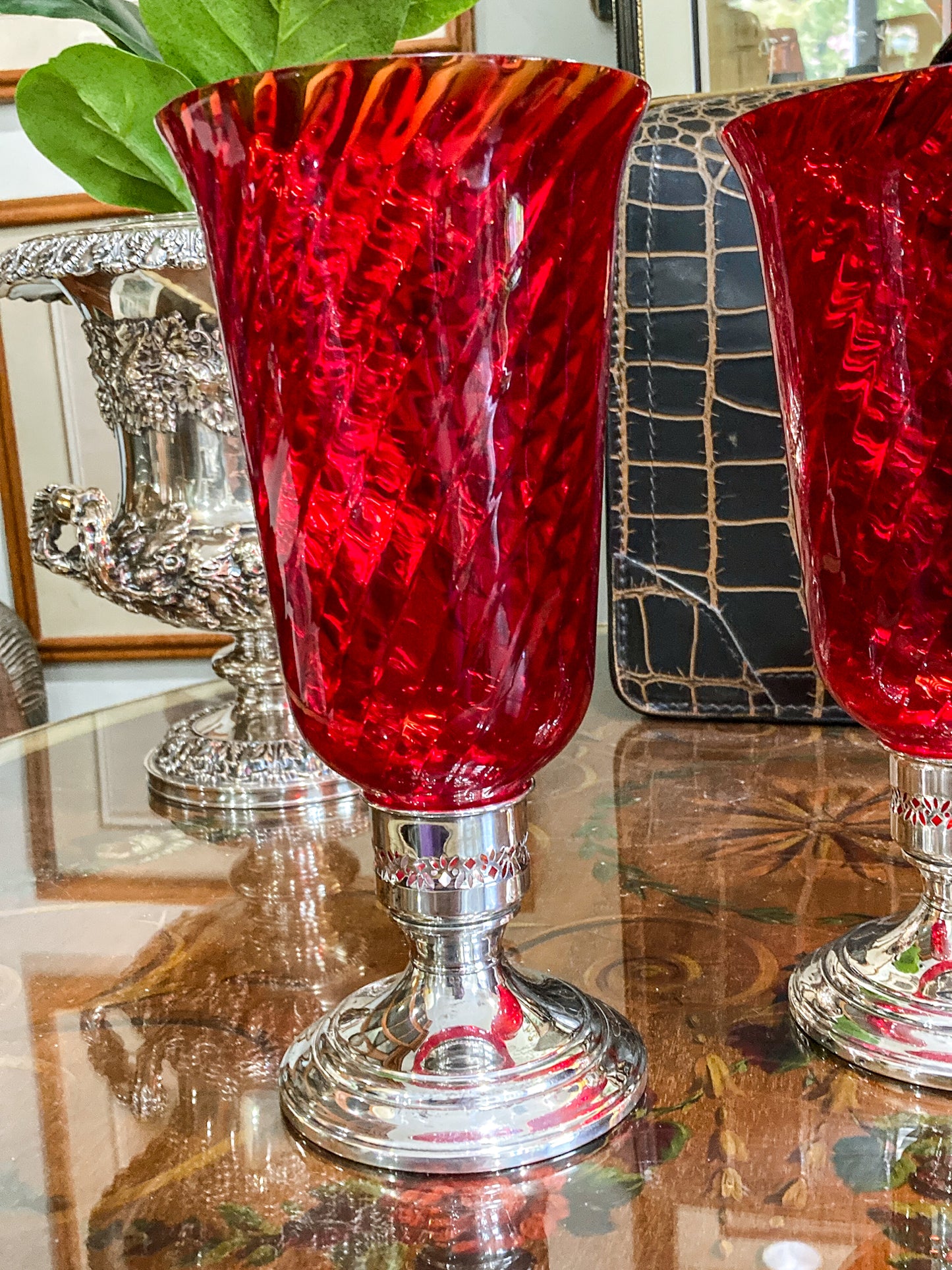 Pair Vintage Gorham Sterling Silver Red Swirl Glass Hurricane Shade Candlesticks