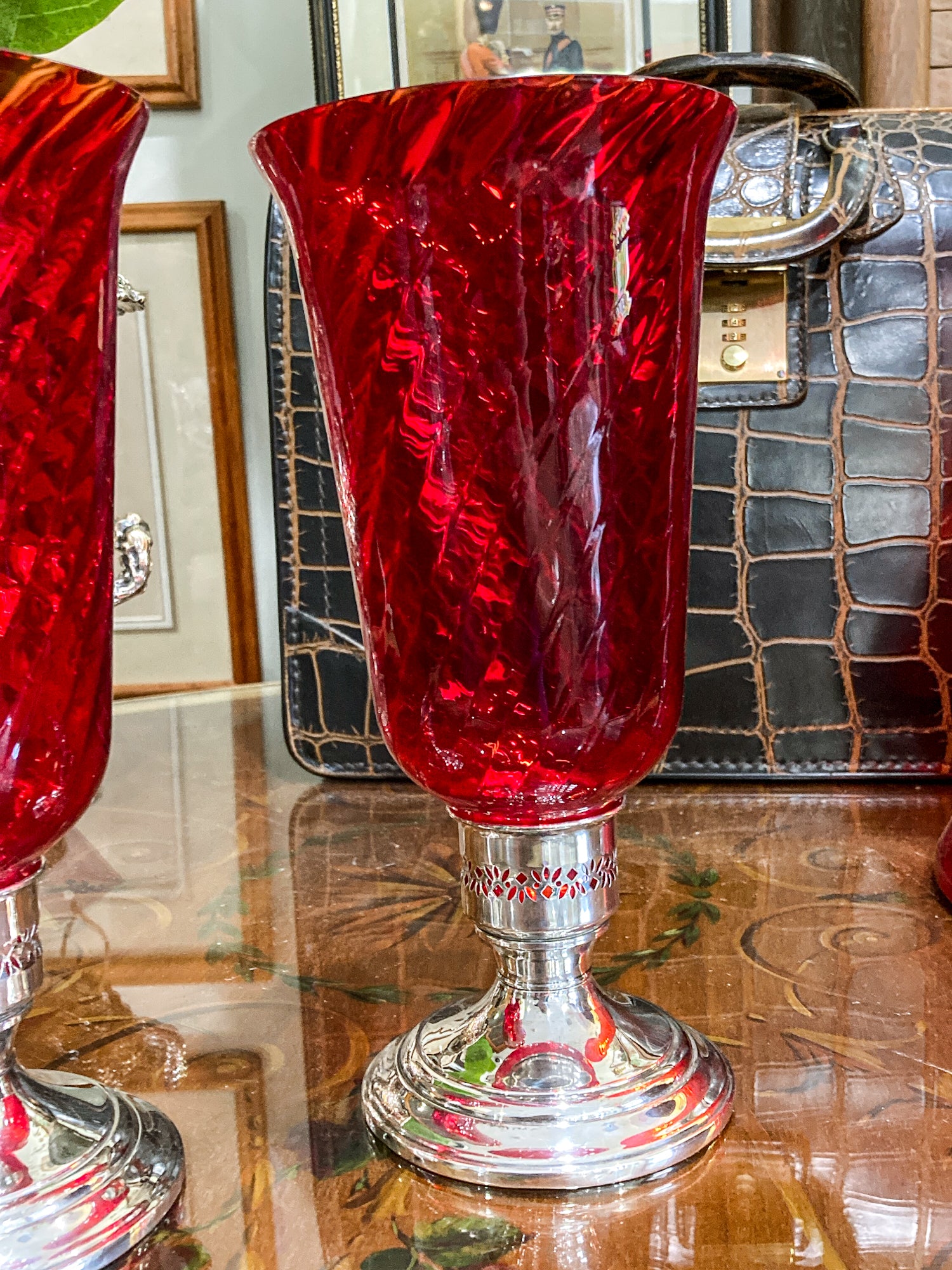Pair Vintage Gorham Sterling Silver Red Swirl Glass Hurricane Shade Candlesticks